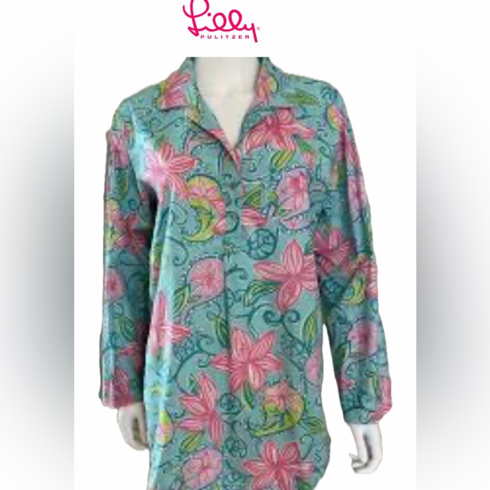 vintage Lilly Pulitzer tunic beach cover up  "Lazy Paisley" floral aqua /pink sm